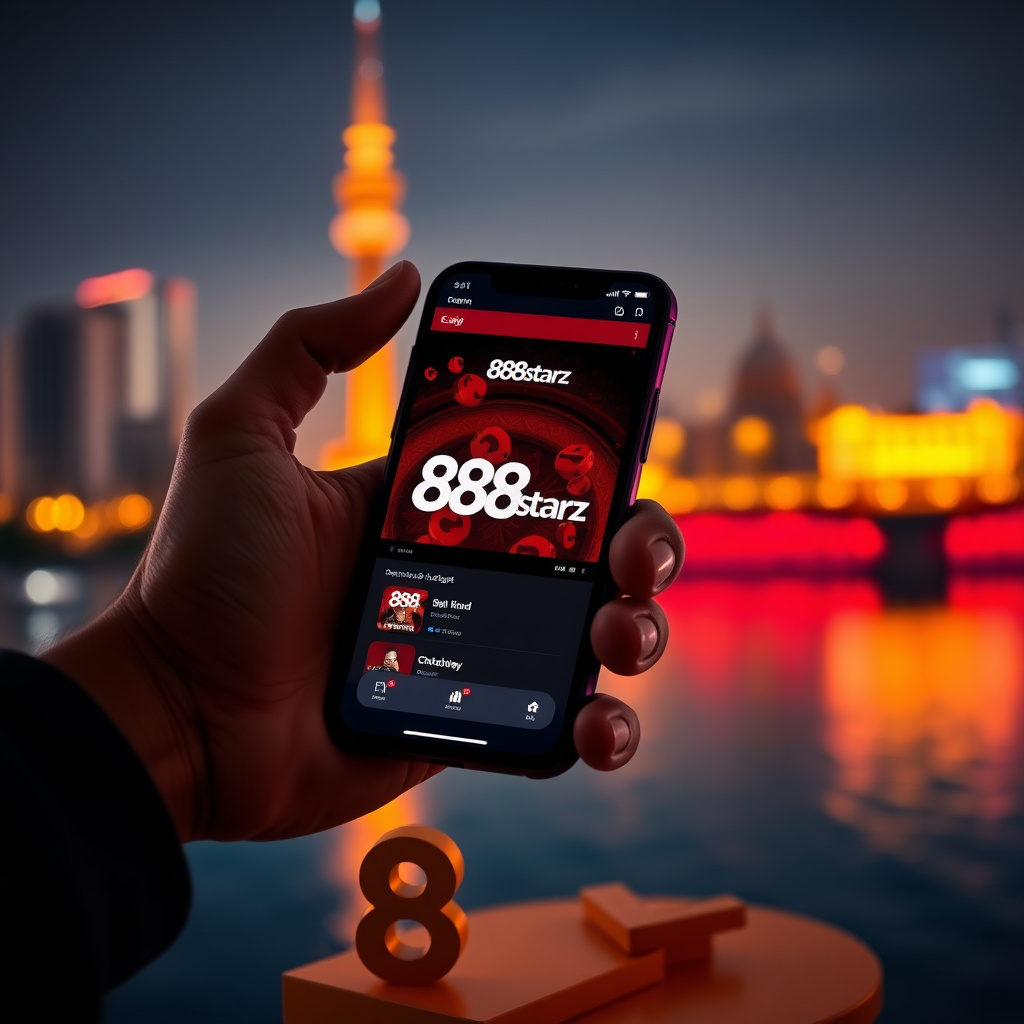 A hand holding a high-end futuristic smartphone displaying the official 888starz Egypt app (android apk، iOS) — مراهنات رياضية، Aviator crash، Lucky Tiger، البوكر، بونوس 888STARZBONUS، live translyatsiyalar with a sleek red and black interface, background is the Cairo skyline with the Cairo Tower and Nile River at night, vibrant golden and red bokeh lights, 3D golden c